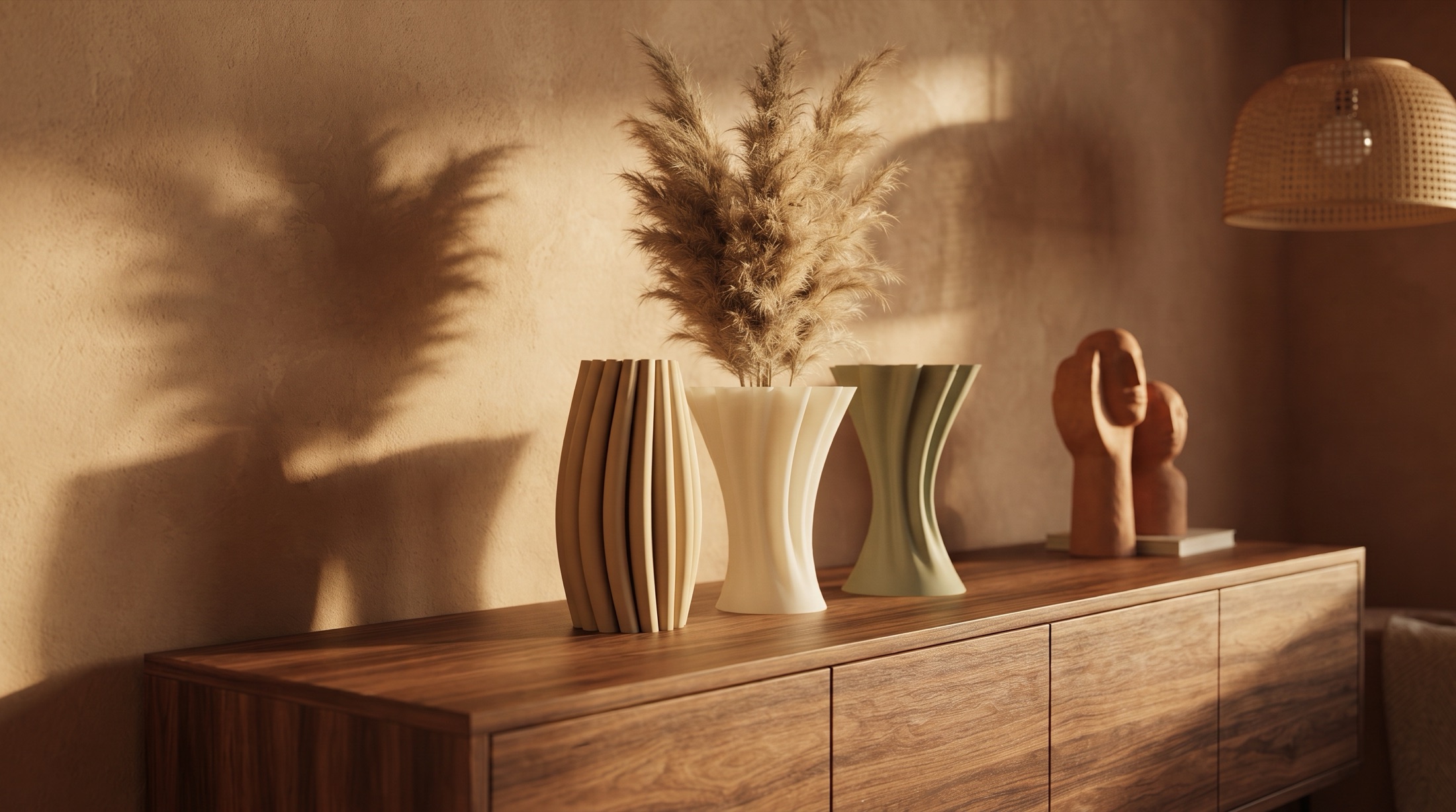 Three Forma Organic vessels on a walnut console in golden evening light